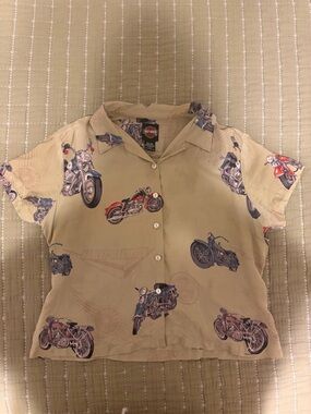 Harley-Davidson 100% Silk Button Up with Motorcycle Print